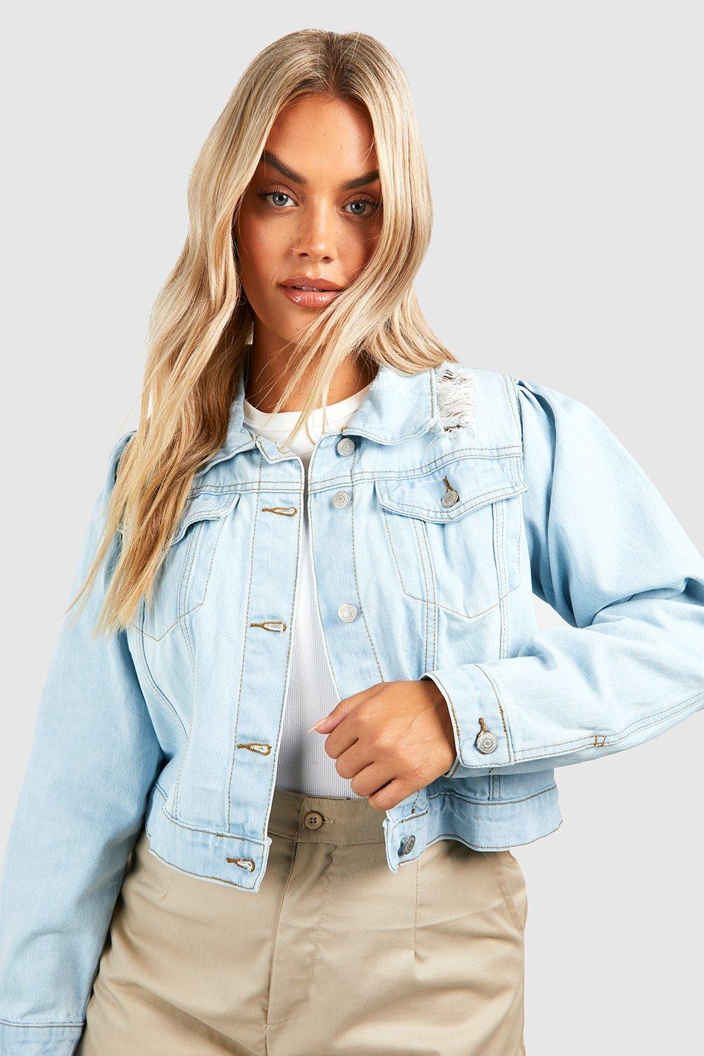 Distressed puff hot sale shoulder denim jacket